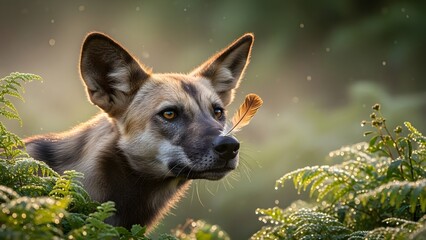 Close-up portrait of a wild african dog peeking through green foliage with cinematic lighting.
