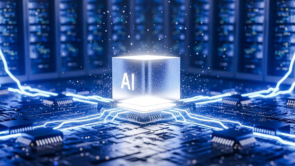 A vibrant 3D render showcasing a luminous AI cube on a complex circuit board, surrounded by dynamic blue light streams and ethereal particles. This imagery powerfully encapsulates advanced