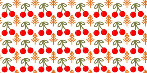 Bright red cherries and simple orange pine trees form a playful seamless pattern, perfect for festive, fruity, and creative design projects.