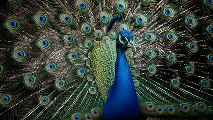 Vibrant peacock displaying colorful plumage with intricate patterns and bright blue neck against a dark background.