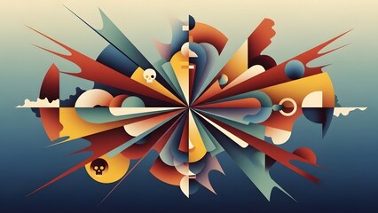 Vibrant abstract composition of colorful shapes and lines radiating outward in a dynamic pattern against a gradient background.