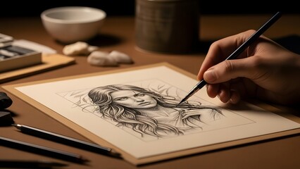 Close-up of a hand drawing a woman's portrait with a pencil on paper