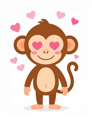 Obraz premium A cute cartoon monkey with heart-shaped eyes stands surrounded by pink hearts, exuding a playful and affectionate vibe.