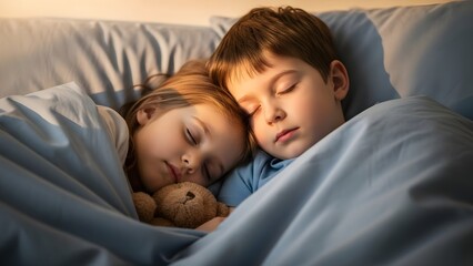 Peaceful children sleeping with a teddy bear in bed with soft lighting