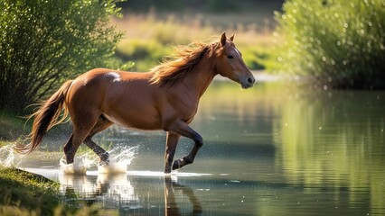 A brown horse running through a serene lake with lush greenery in the background, kicking up water with a sense of freedom.