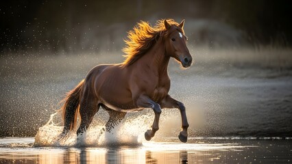 A brown horse running through shallow water with a dynamic splash, captured in a cinematic shot with warm tones.