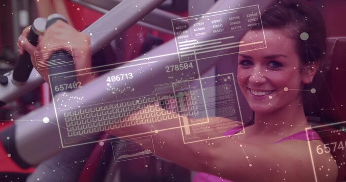 Foreground woman gripping handles, pressing chest-press while HUD tracking final reps for fitness