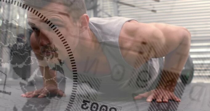 Camera starting low while man doing push-ups on gym mat, HUD overlay measuring fitness performance