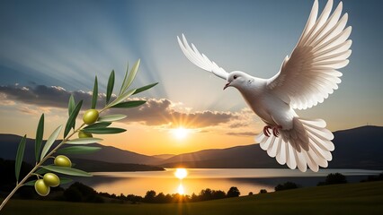 Serene white dove flying over a peaceful lake at sunset with an olive branch