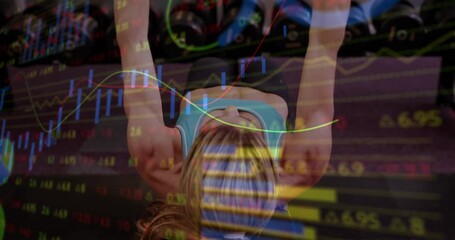 Woman on bench starting rep by lifting arms, repeating for strength with market charts overlaying