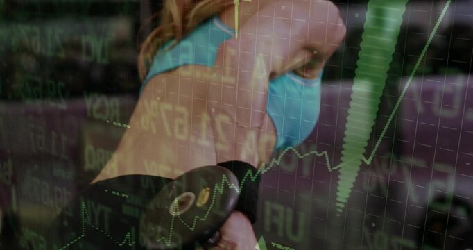 Woman doing triceps work starting bent in gym for strength, financial chart over arm and dumbbell