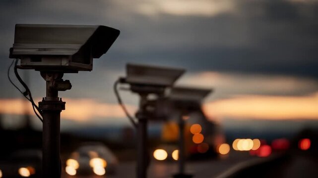 A row of surveillance cameras with red lights illuminating the scene, capturing evening traffic on a highway as the sun sets, creating a dramatic backdrop of clouds and distant vehicles