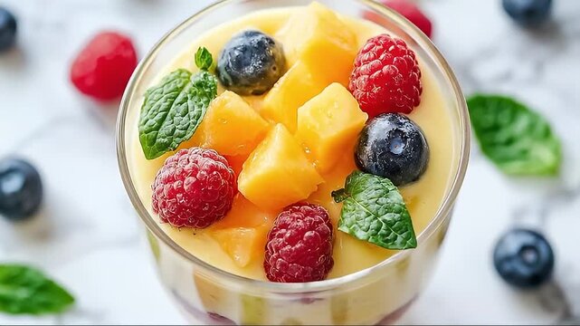 Delicious Fruit Parfait Dessert With Mango Berry And Mint On Marble Surface With Soft Lighting And Bokeh Background