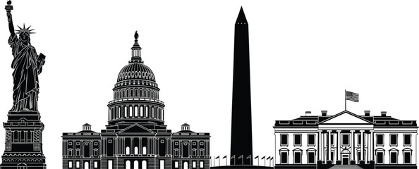 Black silhouette vector skyline of iconic US landmarks including the Statue of Liberty Capitol Building and White House for American history and travel © Lunavera art