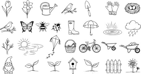 Hand-drawn Spring and Garden Doodle Icons Set. Line Art Collection of Nature, Gardening Tools, Insects, Flowers, and Outdoor Elements. Black and White Vector Illustration.
