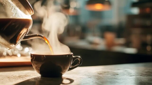 A steaming cup of coffee is being poured from a stylish glass pot on a rustic countertop, with warm lighting and blurred kitchen elements creating a cozy atmosphere in the background