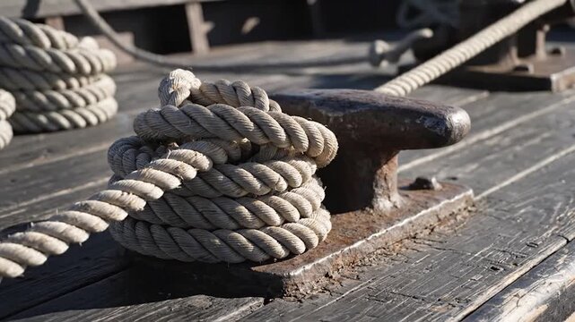 Coiled rope on wooden deck with rustic metal bitt maritime nautical equipment detail