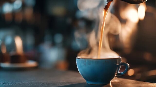 A steaming cup of coffee being poured in a cozy caf? setting, with blurred background elements of shelves and warm lighting creating an inviting atmosphere
