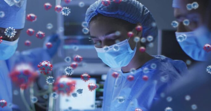 Surgeon-led OR team responding to monitor alert, stabilizing patient, virus overlay obscuring view