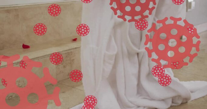 Woman lifting hem and ascending tiled steps to bathtub, red health virus overlay growing over scene