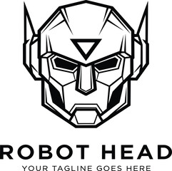 Bold black line art vector logo of a geometric futuristic robot head perfect for artificial intelligence technology and engineering branding
