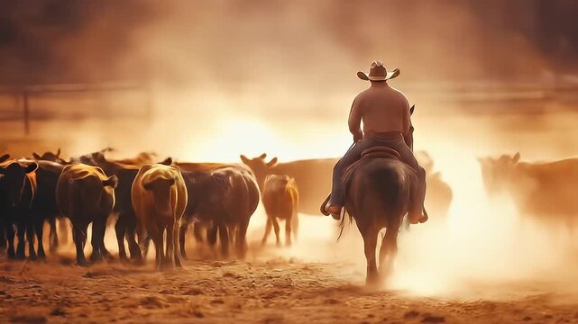 Cowboy Herding Cattle on Horseback During a Dusty Sunset Across a Grassy Plain Under a Warm Golden Sky