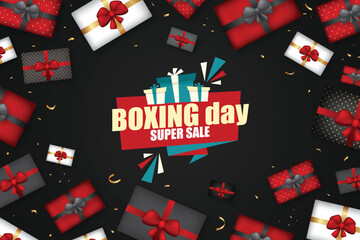 Boxing Day Sale Banner with Red Ribbon and Gift Box Display