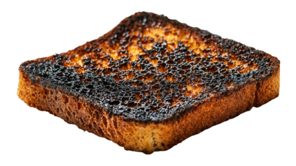 Overcooked bread slice, charred black with uneven browning