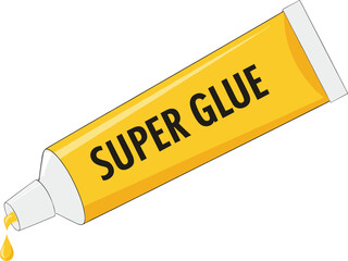 Cartoon vector illustration of a yellow tube of super glue with a dripping drop of adhesive for home repair and DIY projects