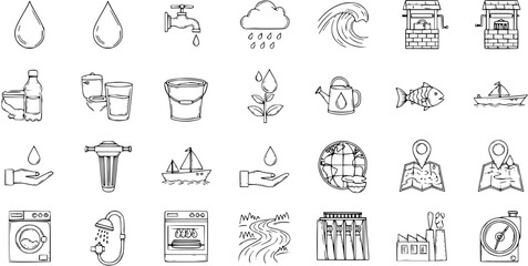 Hand-drawn Icons Representing Water Sources, Usage, and Conservation