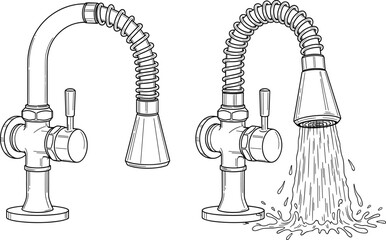 Detailed black and white line art vector of an industrial kitchen faucet with coiled hose sprayer head spraying water for plumbing and hardware design