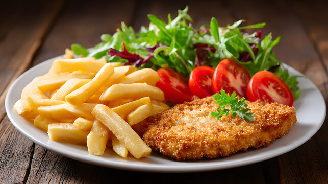 A plate of breaded chicken cutlets with fries and salad on a wooden background. Background illustration of food menu and recipe.