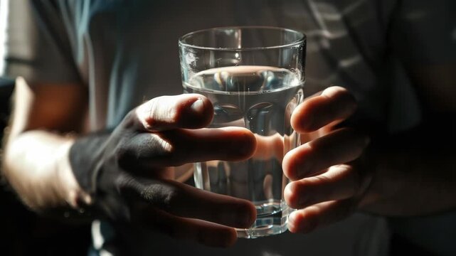 Person with hands gently grasping a clear drinking glass containing water.