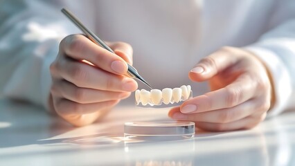 A dental professional demonstrates orthodontic concepts using a teeth model and pointer in a clean clinical setting. Ideal for dentistry, dental care, orthodontics, and medical education themes