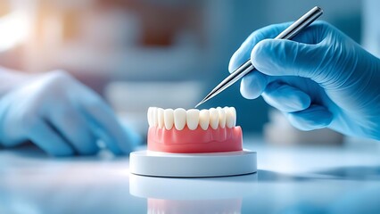 A dental professional demonstrates orthodontic concepts using a teeth model and pointer in a clean clinical setting. Ideal for dentistry, dental care, orthodontics, and medical education themes
