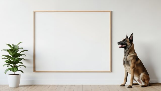 Side-view Belgian Malinois sitting beside empty wall frame space, modern minimalist decor