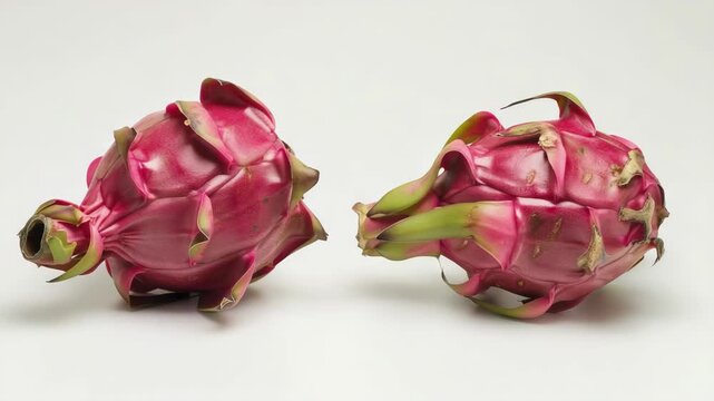 A trio of vibrant red dragon fruit with thorny spikes, against a simple background