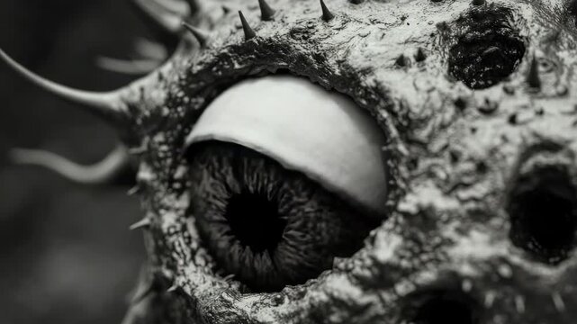 A close-up of a strange creature with eye and spines inside a cave.