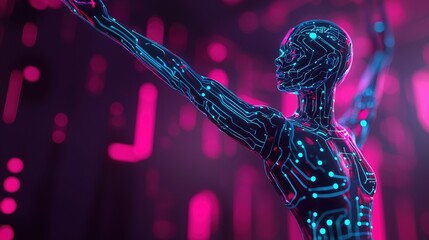 Futuristic ai-rendered humanlike figure in neon glow digital art tech environment abstract perspective