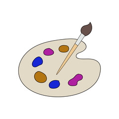 Cartoon Artist's Palette with Paintbrush and Colorful Paints