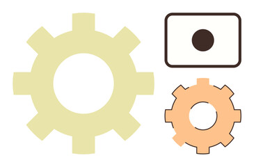 Two interlocking gears and a rectangular camera lens icon. Ideal for innovation, teamwork, technology, photography, creativity, problem-solving, and productivity. Simple flat metaphor