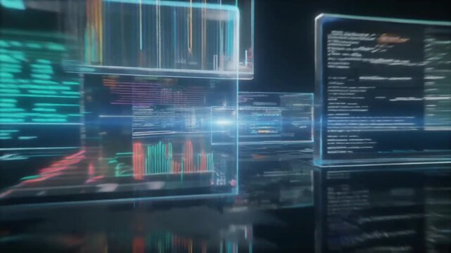 transparent holographic data panels float in layered depth, Displaying charts and interfaces against a dark technological background, creating a clean futuristic analytics environment.
