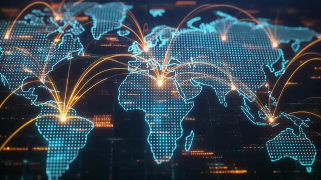 digital world map rendered as a glowing network, with Luminous connection lines spanning continents against a dark futuristic background, conveying global data flow and technology.
