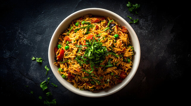 A bowl of Indian fried rice on a dark background with copy space for text. Illustration of a food menu and recipe background.