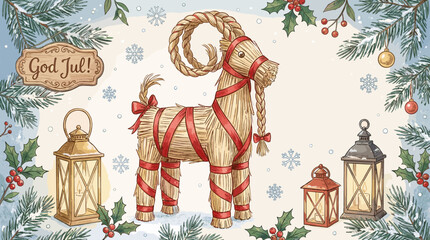 God Jul text, Swedish Christmas tradition with straw goat, julbock, vintage card with copy space.