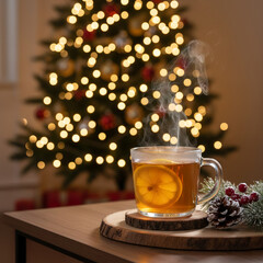 cup of tea with christmas decorations