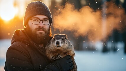 Man with glasses holding a groundhog in winter landscape, surrounded by snow and trees, capturing the essence of Groundhog Day celebration and seasonal traditions