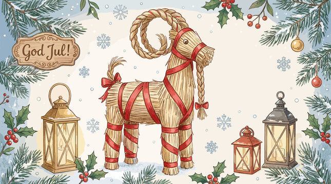 God Jul text, Swedish Christmas tradition with straw goat, julbock, vintage card with copy space.