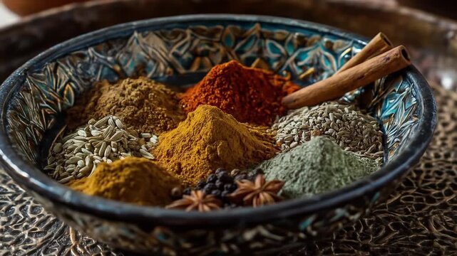 A beautifully arranged bowl of colorful spices, including turmeric, cumin, and cinnamon, set against an intricately designed background, evoking a sense of culinary tradition and culture