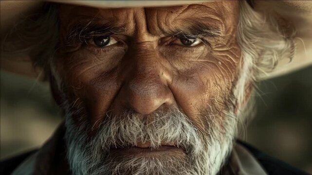 A portrait of a weathered man with white beard and hair, looking intently into the distance.